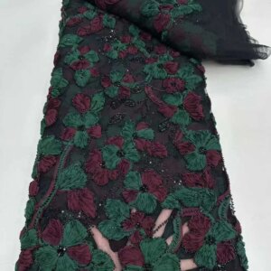 3D Floral Lace Fabric Bead Embroidery Fabric African Lace Fabric 5 Yards High Quality 2025 Sequins Lace Fabric For Sewing KB4738