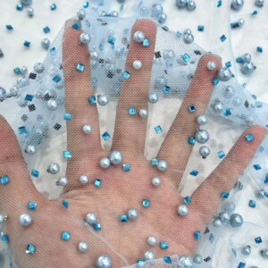 5 Yards Plastic Diamond Beaded Lace Plastic Stones Pearls Beaded Lace Fabric Grey Sliver Sequence Tulle Lace For Sewing KB4766