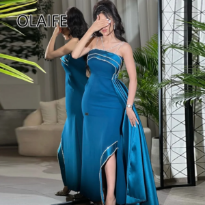 Charming Boat Collar Satin Ruffled Sheath Formal Saudi Arab Dress for Bridal Crystal Shiny فساتين سهرة with Court Customized