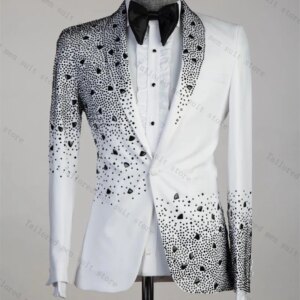 Crystals White Men Suit Set 2 Pieces Blazer+Pant Formal Work Office Male Jacket Prom Cotton Coat Trousers Groom Wedding Tuxedos
