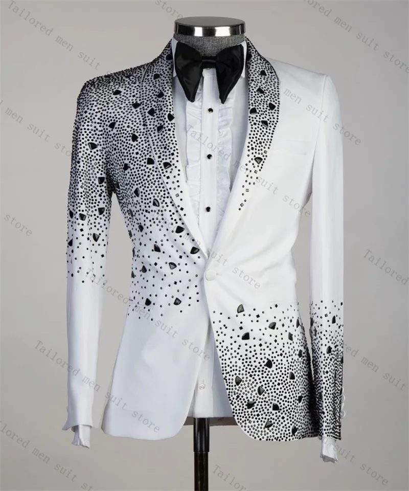 Crystals White Men Suit Set 2 Pieces Blazer+Pant Formal Work Office Male Jacket Prom Cotton Coat Trousers Groom Wedding Tuxedos