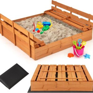 Sandbox with Cover, 47×47 in Cedar Bottomless Sandpit for Backyard Deck Patio Lawn, 2 Foldable Bench for Sand Protection, Square