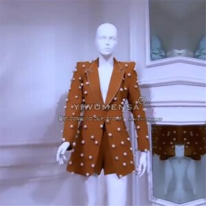 Brown Pants Suits For Women Handmade Pearls Prom Blazer 2 Pcs Formal Party Bride’s Mother Dress Bespoke Banquet Dinner Clothing