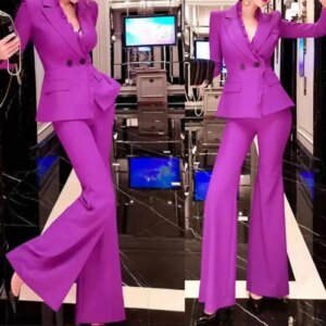 Fashion Purple Women Pants Suits Ruffles Long Blazer Wide Leg Custom Made Office Lady Party Prom Outfits 2 Pieces