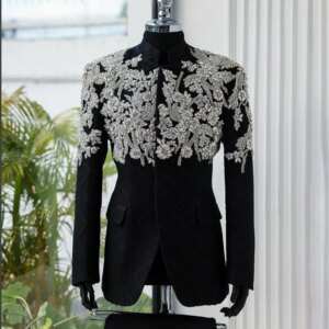 Black Men Suit Set 2 Pcs Crystals Blazer+Pant Trousers Formal Office Jacket Groom Prom Dress Wedding Tuxedos Customized Coat