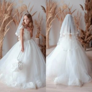 Holy White Flower Girl Dress Tulle Fluffy Quality Lace Appliques for Little Princess Kids Birthday Party Evening Ball Gowns
