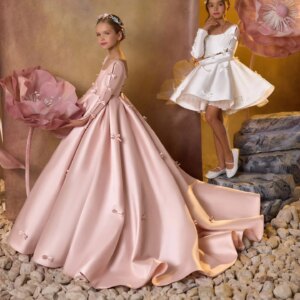 Dreamy Vow Luxury Pink Satin Girl Dresses Square Collar Long Sleeve for Kids Wedding Birthday Holiday Party Gown 2025 J137