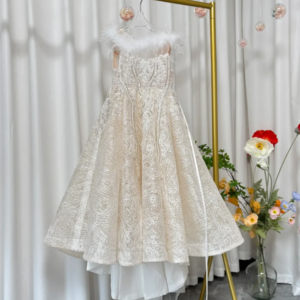 Shiny Flower Girl Dress Champagne Pearls Beading Feathers Formal Gown for Birthday Wedding Party Show Honors Day