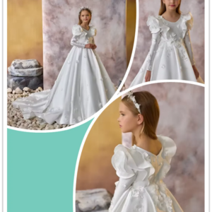 Exquisite White 3D Flower A-line Satin Princess Gown For Celebrity Activities Elegant O-neck Long Sleeve Girls Dresses On Sale