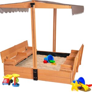 Large Wooden Kids Sand Box with Cover,Sandbox with Lid Foldable Beench Seats,Sand Boxes for Backyard Garden, Beach Patio Outdoor