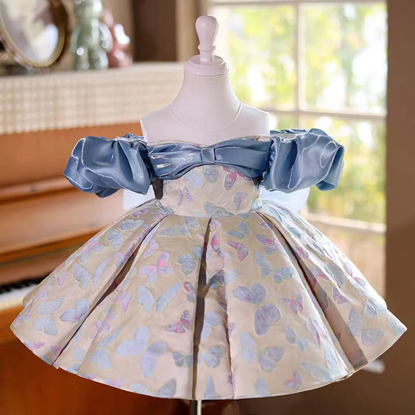 Dreamy Vow Cute Off-Shoulder designed Satin Flower Girl Dress With Butterfly Pattern Bow Wedding Birthday Party Ball Gown J719