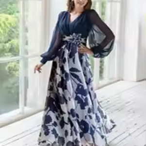 Customized A-shaped and floral print chiffon long-sleeved wedding dress for the mother of the bride for the formal evening party