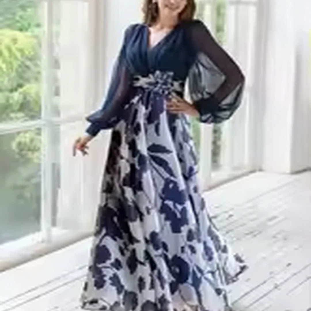 Customized A-shaped and floral print chiffon long-sleeved wedding dress for the mother of the bride for the formal evening party