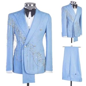 Customized 2025 Mordern Men Wedding Suits Peaked Lapel Single Breasted Tuxedos Crystal Chain Groom Party 2 Pce Blazer Pants