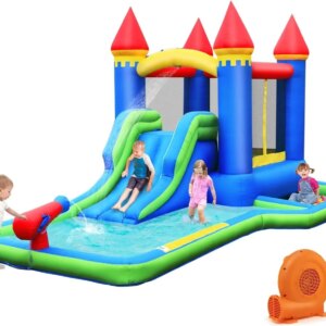 Inflatable Water Slide, Water Bounce House with Slide & Ball Pit Wet Dry Combo for Kids Backyard Fun w/550w Blower, Blow up