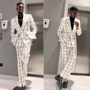 Handsome Wedding Tuxedos Check Double Breasted Men Suit Peaked Lapel 2 Piece Set Jacket Pants Groom Blazers Customized