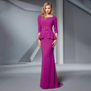 Purple Wedding Guest Dresses for Women 2024 Scoop 3/4 Sleeves Formal Gowns Long Mermaid/Trumpet Belt Ruffle Evening Dresses