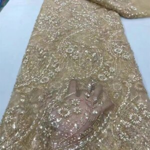 Luxurious Nigerian Handmade Sequins Lace Fabric 2024 High Quality Gold African French Lace Fabric For Wedding Dress 5Y