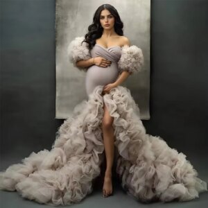 Ruffles Short Sleeve Maternity Photoshoot Dress High Low Bump Friendly Pregnancy Shooting Dress Photography Gown for Baby Shower