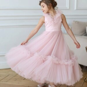 Jill Wish Elegant Pink Flower Girl Dress V-Neck Tiered Dubai Kids Princess Birthday Wedding Party Ball Evening Gown 2025 J116