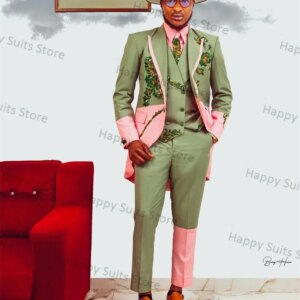 Crystals Green Pink Men Suit 2 Piece Blazer+Pants Formal Office Jacket Coat Wedding Groom Tuxedo Customized Cotton Prom Dress