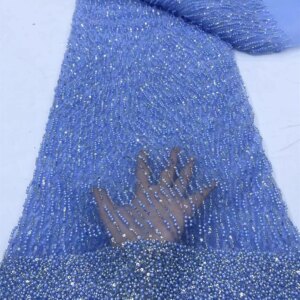 Sky Blue African Lace Fabric High Quality Bead 5 Yards New Sequence Lace Fabric 2024 High Quality Elegant Woman Party DresW123-1