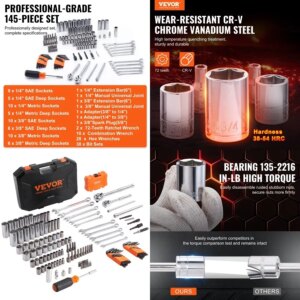 VEVOR Mechanics Tool Set and Socket Set 1 4″ and 3 8″ Drive Deep and Standard Sockets 145 Pcs SAE and Metric Mechanic Tool Kit