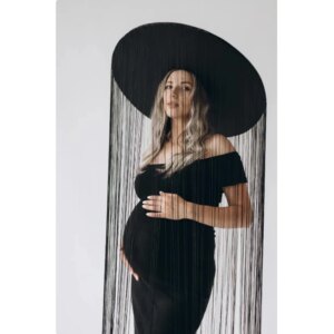 Pregnant woman’s hat. Black hat with fringe. Voluminous hat with fringe to the floor. Black boho style hat with a wide brim.