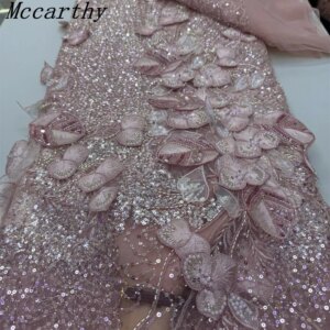 African Lace Fabric 2025 High Quality French 3D Flower Peach Sequins Embroidery Beads Tulle Lace Fabric For Party Dress 5 Yard