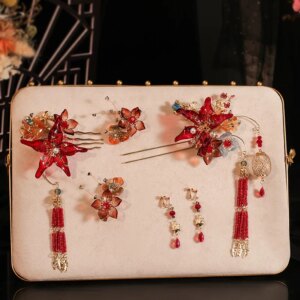 Bridal Headdress Ancient Red Flower Making Classical Tassel Hairpin Xiuhe Clothing and Gown Wedding Hair Accessories