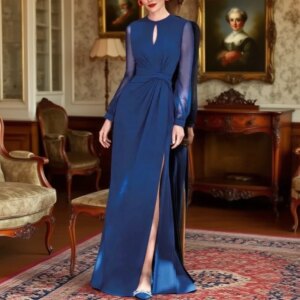 Elegant Royal Blue Mother of The Bride Dress O-neck Long Sleeves Mermaid Chiffon Women Wedding Guest Party Gowns Customized