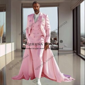 Pink Groom Wedding Tuxedos Single Breasted Suits Men Long Formal Party Prom Blazers Customized 3 Pieces Man Banquet Party Dress