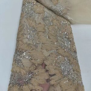 Luxury African Gold Beaded Embroidery High Quality Nigerian Sequins With Pearl Lace French Tulle Fabric For Party Sewing W509-1