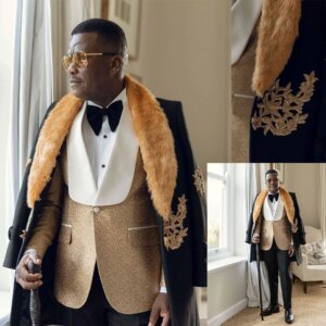 New Winter Man Overcoat Luxurious Long-length Plush Collar Men Suits Appliques Cashmere One-Piece Jacket Custom Wedding Tuxedos