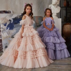 Tiered Girls Pageant Dresses Ball Gown Scoop Tulle Flower Girl Dresses For Weddings First Communion Dresses Kids Baby Customized