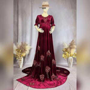 Elegant Pregnant Dresses Photography Baby Shower Clothing Women Puff Sleeve V-Neck Velvet Maternity Dress Wedding Party 2025 New