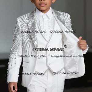 Sparkling Crystals Beaded Boy Suits 3 Pieces Sets Sequins Peaked Lapel Prom Blazers Customized Children Birthday Tuxedos Luxury