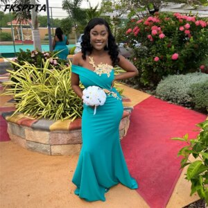 Custom Made 2025 Light Blue Long Bridesmaid Dresses Gold Lace Appliques One Shoulder Mermaid Maid Of Honor Gowns Dropshipping