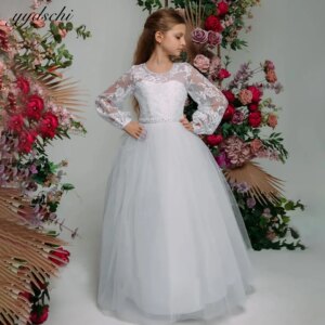 Customized Elegant Sparkling Pearls Beading Flower Girl Dress For Wedding 2025 Princess Lace Long Sleeves First Communion Gown