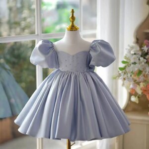 Dreamy Vow Glamorous Blue Baby Girl Dress With Bow for Kids Wedding Birthday Party Spring Summer Knee Length Ball Gown J766