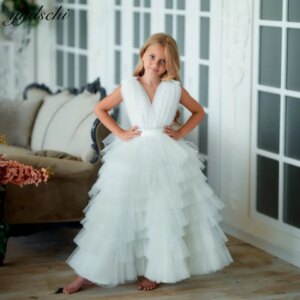 Customized Elegant Tulle Tiered Flower Girl Dresses Wedding 2025 Puffy Sleeveless Kids Formal Evening Party First Communion Gown
