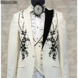 Ivory Formal Men Business Black Appliques Occasion Tuxedos Grooms Wedding Party Prom Male Suit 3 Piece Set Blazer Vest Pants
