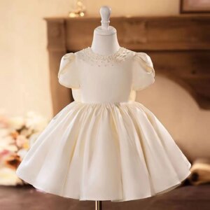 Jill Wish Elegant Off White Pearls Bow Flower Girl Dress Knee Length Princess Kids Wedding 1st Birthday Party Holiday Gown J488