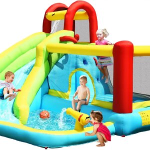 Inflatable Water Slide, Water Park Waterslide Inflatables w/Jumping Bouncy Castle, Long Slide, Climb Wall & Splash Pool, Blow up