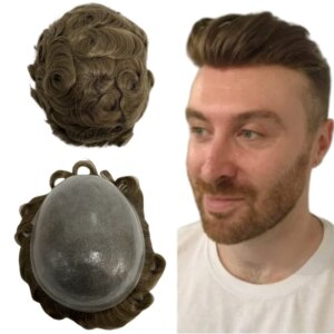 6 Inches Indian Virgin Human Hair Replacement 32mm Wave Light Brown Color 7# 8×10 Full Knots PU Toupee for White Men