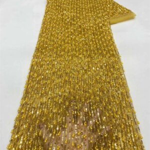 5 Yards Gold Beaded French Mesh African Fabric Lace High Quality 2025 Sequins Lace Fabric Embroidery Lace For Sewing