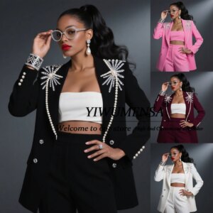 Elegant Pearls Beaded Suits Women For Wedding Customized Double Breasted Jacket Pants 2 Pieces Mother Of Bride Dress Plus SIze