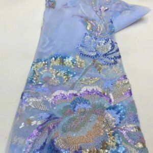 Latest Hot Sale Fashion Africa Lace Fabric High Quality Handmade Embroidery Lace With Beads Sequins Party For Wedding Dress