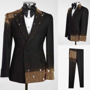 Luxurious Beaded Wedding Tuxedos 2 Piece Set Jacket Pants Black Men Suit Crystal Groom Wear Party Evening Suits Customized