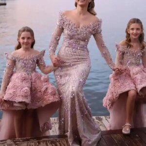 BABYONLINE Customized vestidosparaniñas Pink Pricess Gown with Beaded GemTop Long Sleeve 3D Floral Flowers on Train Tail Dress